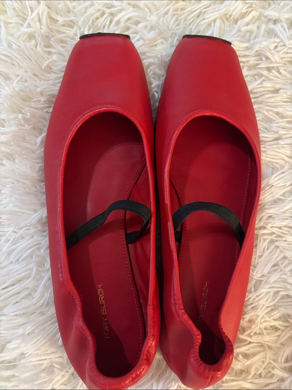 Tory Burch Red Square-Toe Ballet Flats with Black Elastic Strap